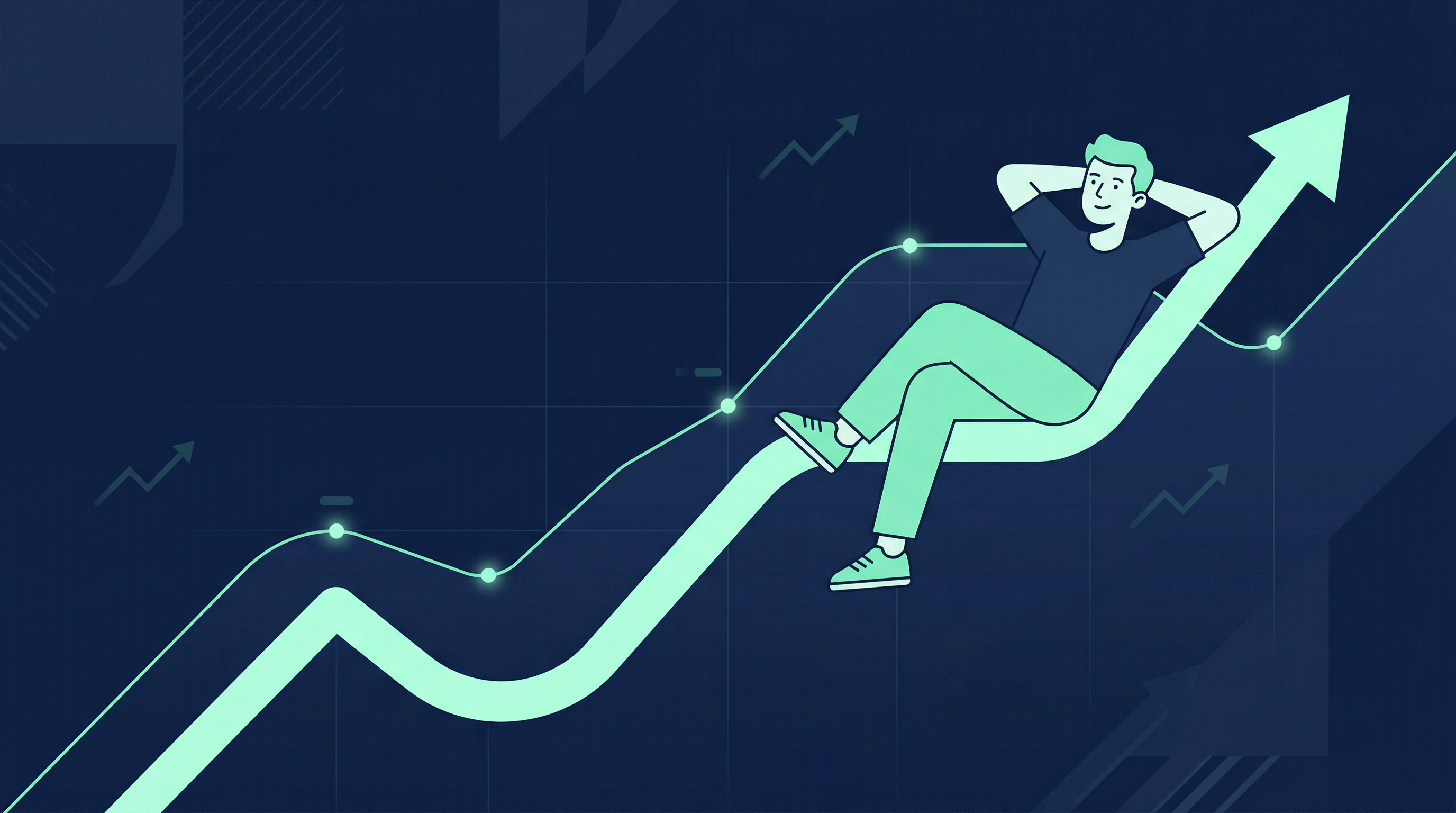 A relaxed investor watching markets climb over time — Buy. Hold. Chill.