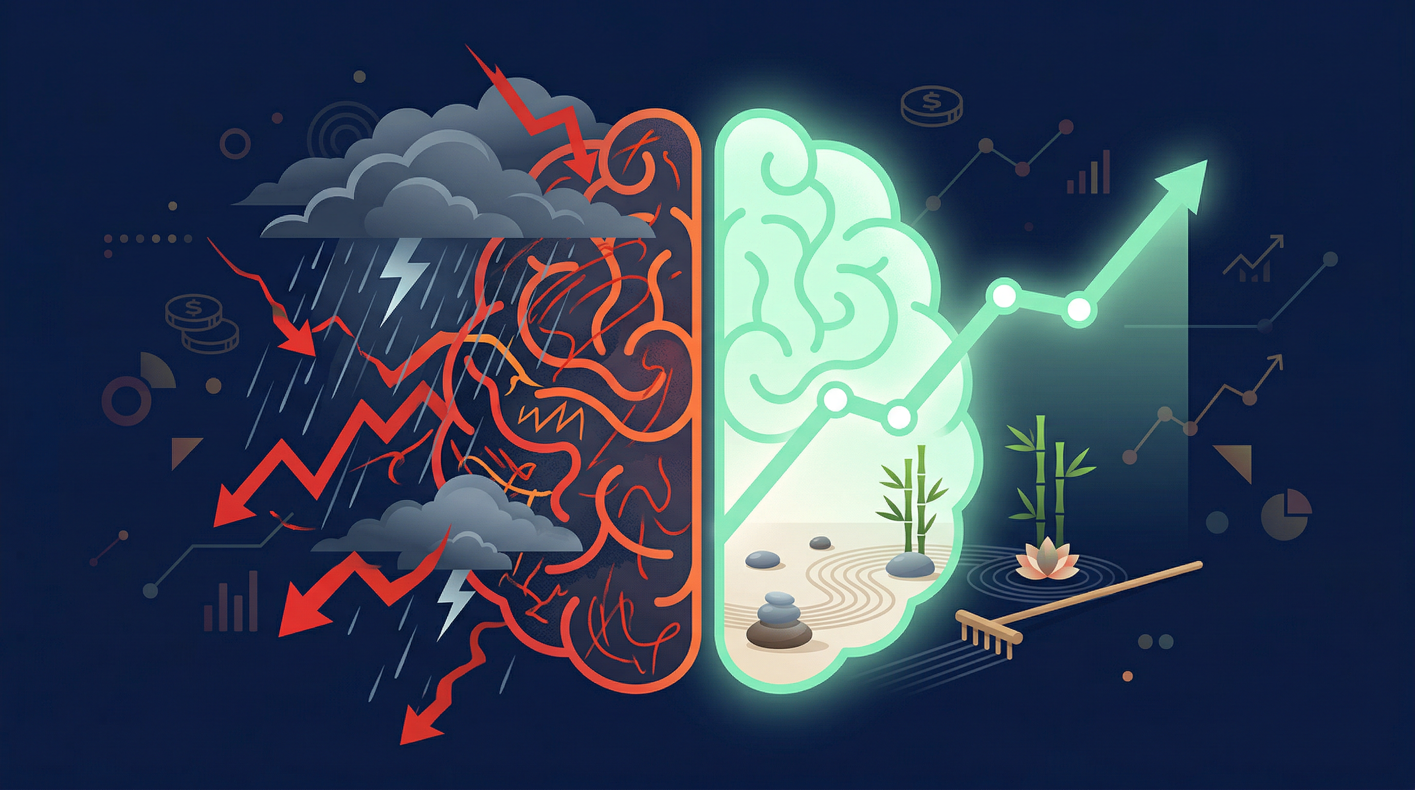 Abstract illustration of a calm investor staying the course amid market turbulence